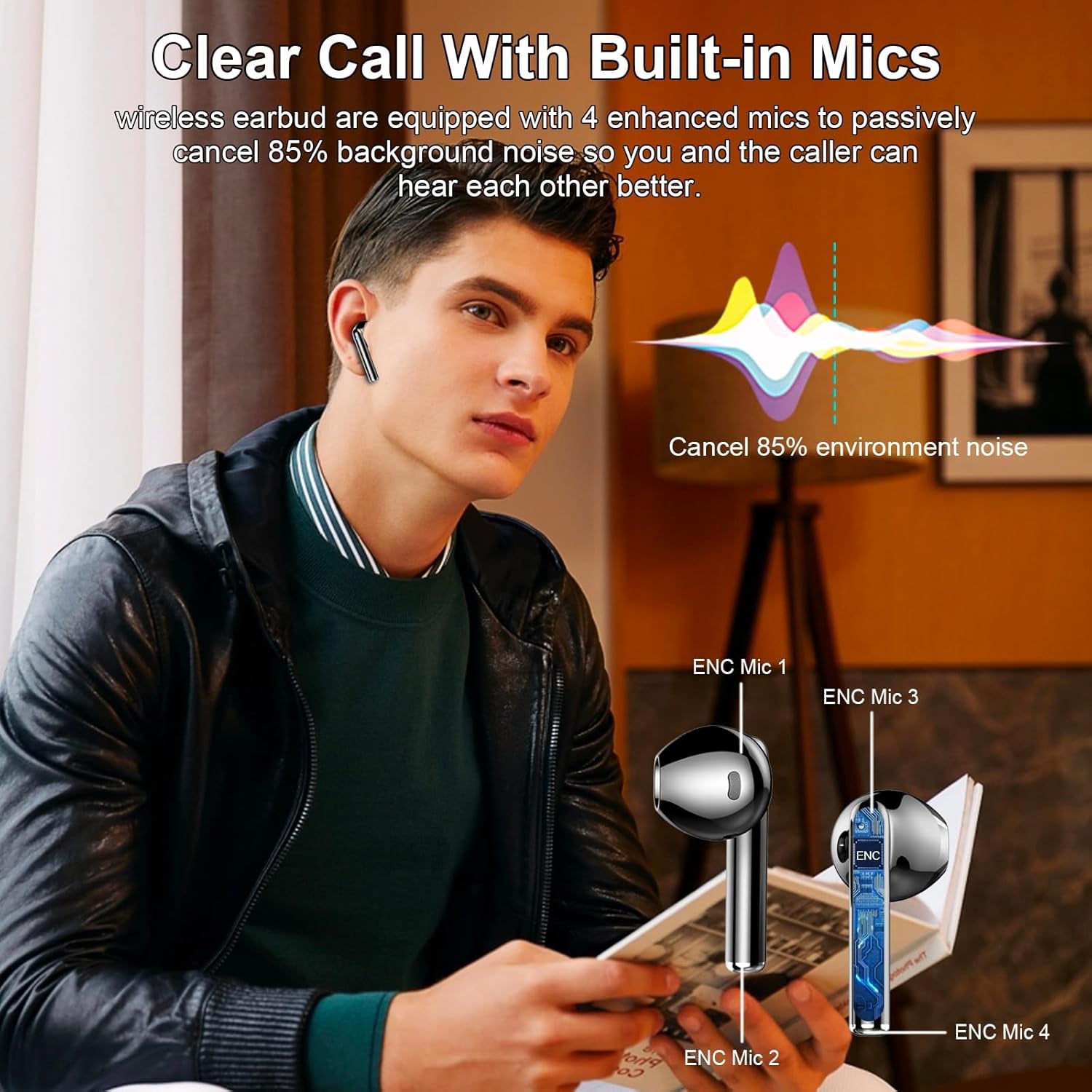 Wireless Earbuds, Bluetooth Headphones 5.3 Stereo Bass Ear Buds with ENC Noise Cancelling Mics, 40H Playtime Bluetooth Earbuds with LED Display, IP7 Waterproof in Ear Earphones for Android Ios, Black