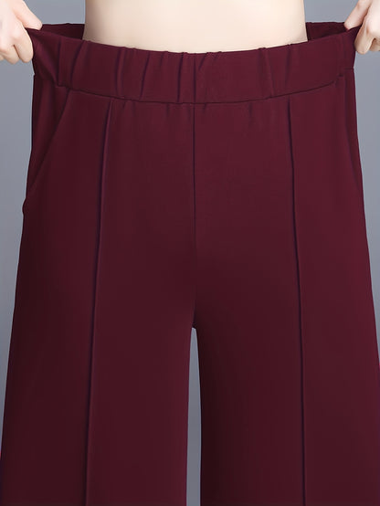 Elegant Maroon High-Waist Straight-Leg Pants for Women - Stretchy, Loose Fit with Slant Pockets, Ideal for Work & Daily Commute, Polyester Blend, All-Season Wear