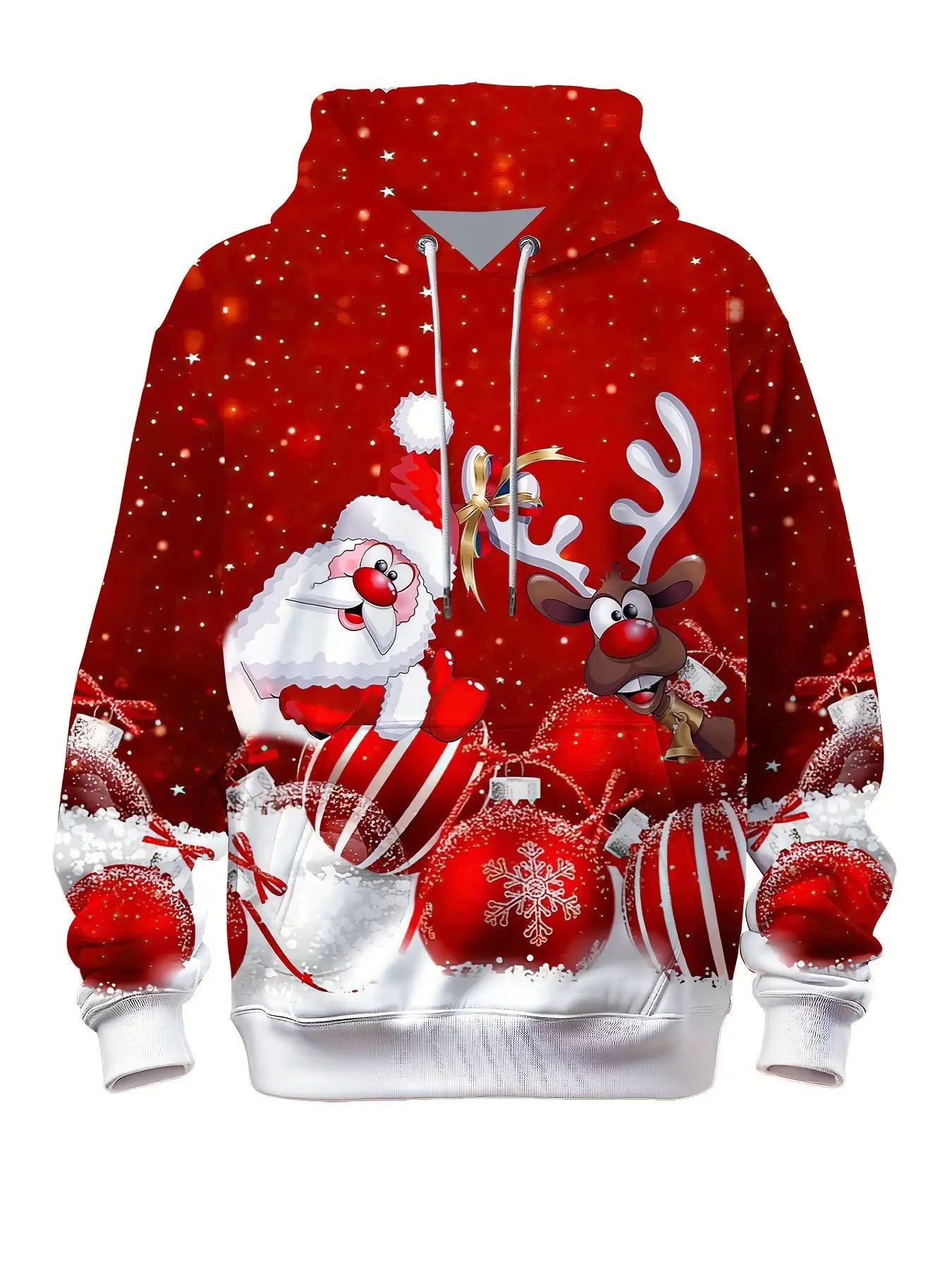 Men's 3D Santa & Rudolph Christmas Hooded Sweatshirt - Red/Green Festive Pullover Hoodie with Reindeer Antlers, Soft Polyester Knit Sweater for Holiday Parties, Winter Outfits & Casual Wear (Machine Washable), PLUS SIZE