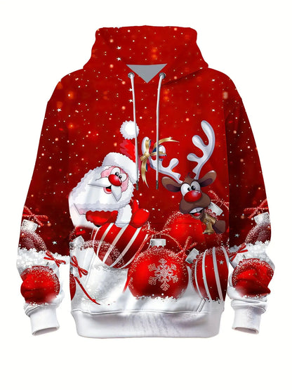 Men's 3D Santa & Rudolph Christmas Hooded Sweatshirt - Red/Green Festive Pullover Hoodie with Reindeer Antlers, Soft Polyester Knit Sweater for Holiday Parties, Winter Outfits & Casual Wear (Machine Washable), PLUS SIZE