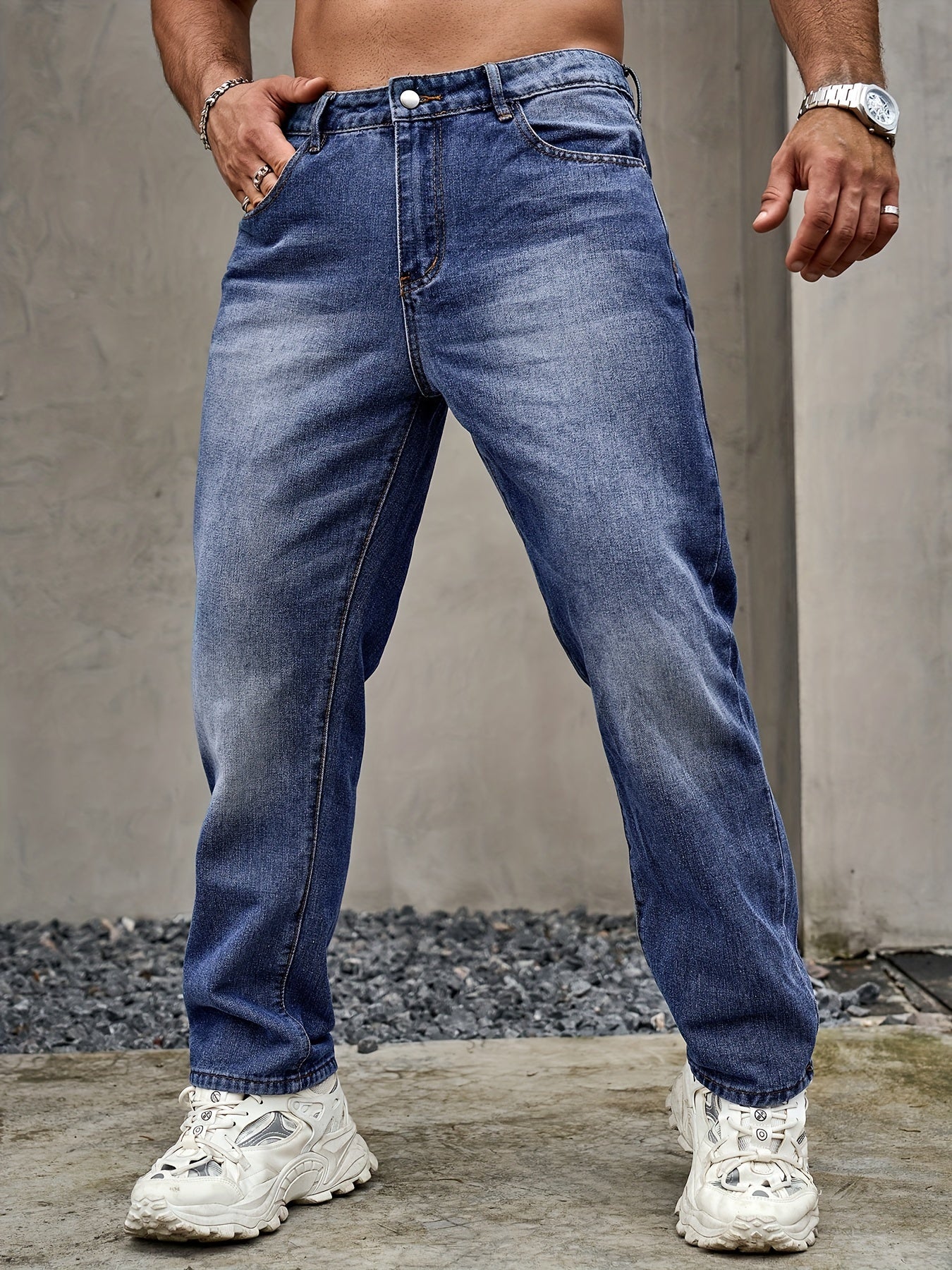 Men's Solid Loose Fit Denim Pants, Spring Fall Casual Trendy Cotton Jeans For Males