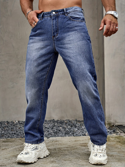 Men's Solid Loose Fit Denim Pants, Spring Fall Casual Trendy Cotton Jeans For Males