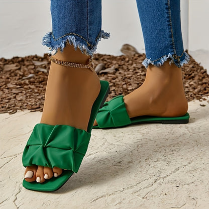 Women's Pleated Design Slide Sandals, Casual Square Open Toe Flat Summer Shoes, Lightweight Slide Sandals