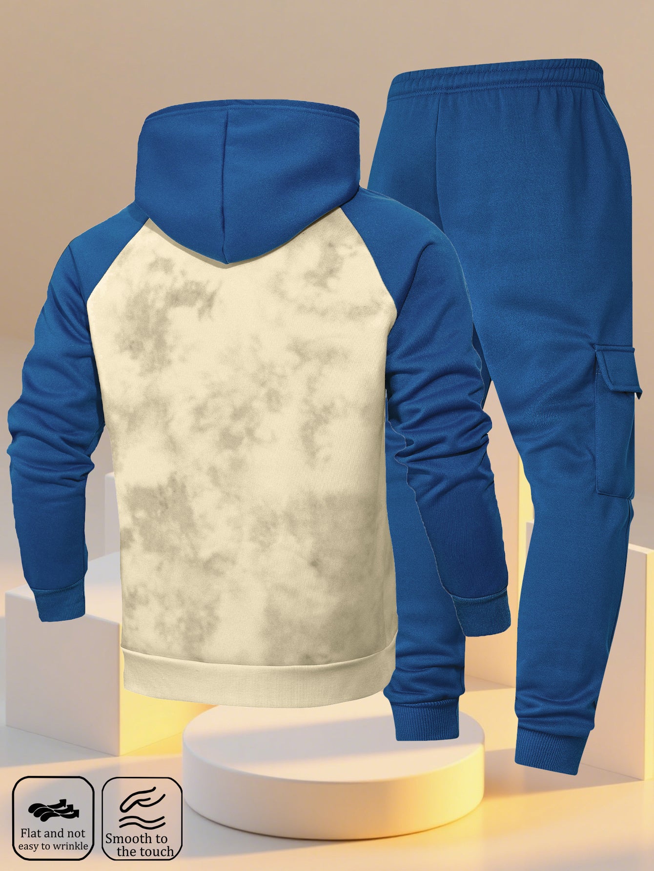 A New Trendy Color-Blocked Hoodie with Raglan Sleeves And Loose-Fitting Cargo Pants Featuring Multiple Pockets, Perfect for Casual Everyday Wear. This Breathable Hoodie And Loose Long Pants Set Comes in a Two-Piece Print Desi