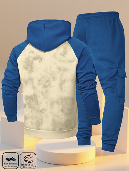 A New Trendy Color-Blocked Hoodie with Raglan Sleeves And Loose-Fitting Cargo Pants Featuring Multiple Pockets, Perfect for Casual Everyday Wear. This Breathable Hoodie And Loose Long Pants Set Comes in a Two-Piece Print Desi