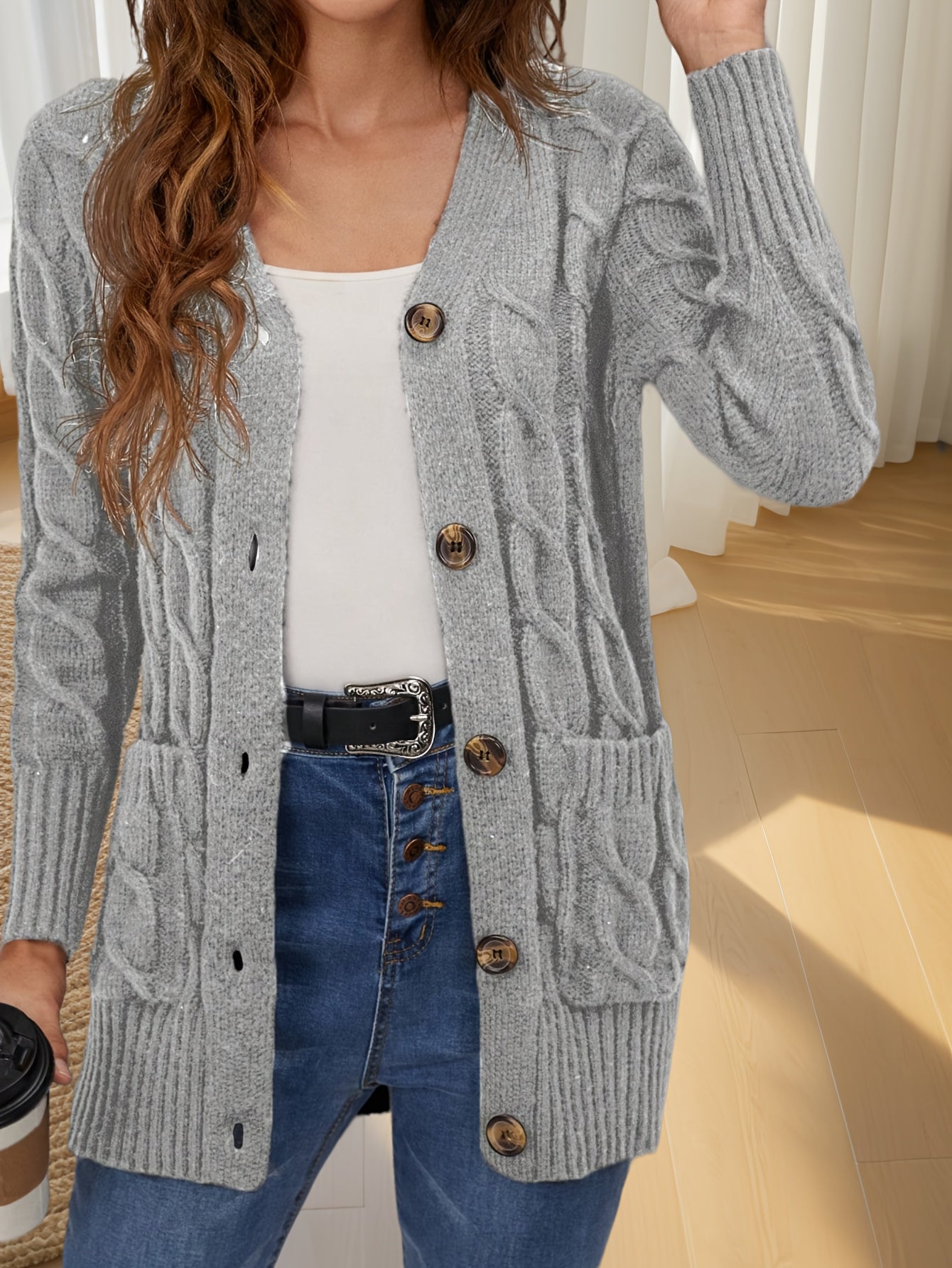 Elegant Women's Cable-Knit Cardigan - Cozy Button-Up V-Neck Sweater Jacket with Pockets, Long Sleeves in Heather Gray, 100% Polyester, Machine Washable for Fall/Winter