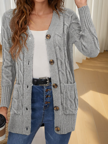 Elegant Women's Cable-Knit Cardigan - Cozy Button-Up V-Neck Sweater Jacket with Pockets, Long Sleeves in Heather Gray, 100% Polyester, Machine Washable for Fall/Winter