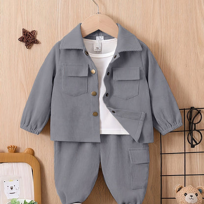 2pcs Boys' Casual Outfit Set - Light Gray Polyester Cargo Pants & Button-Up Shirt with Pockets, Machine Washable - Perfect for Fall/Winter, Autumn Toddler Outfit|Cargo Pants Outfit|Functional Pockets Design, Perfect for Outdo
