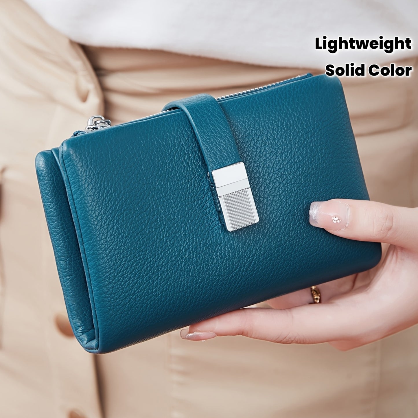 A Compact Trifold Wallet Made of Soft PU in a Solid Color, Featuring Metal Accents. It Includes a Zippered Coin Pocket, Card Slots, And an ID Window, Suitable for Credit Cards, ID Cards, Cash, And Coins. This Modern, Lightwei