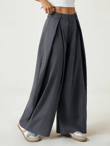 Elegant Wide-Leg Trousers with Curved Hem and Smock Detail