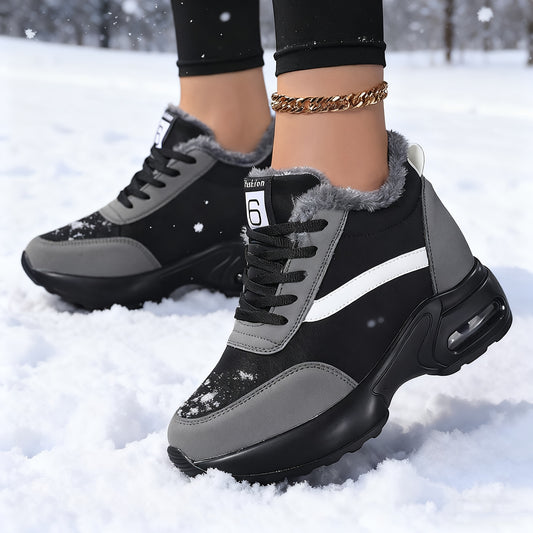 SOSENFER Women'S Winter Sneakers with Plush Lining - Low-Top Lace-Up Casual Shoes, Synthetic Cover Upper & Faux Sole, Machine Washable, Black & White Design for Casual Attire, Ladies Sneakers, Comfortable Footwear, Durable Tr
