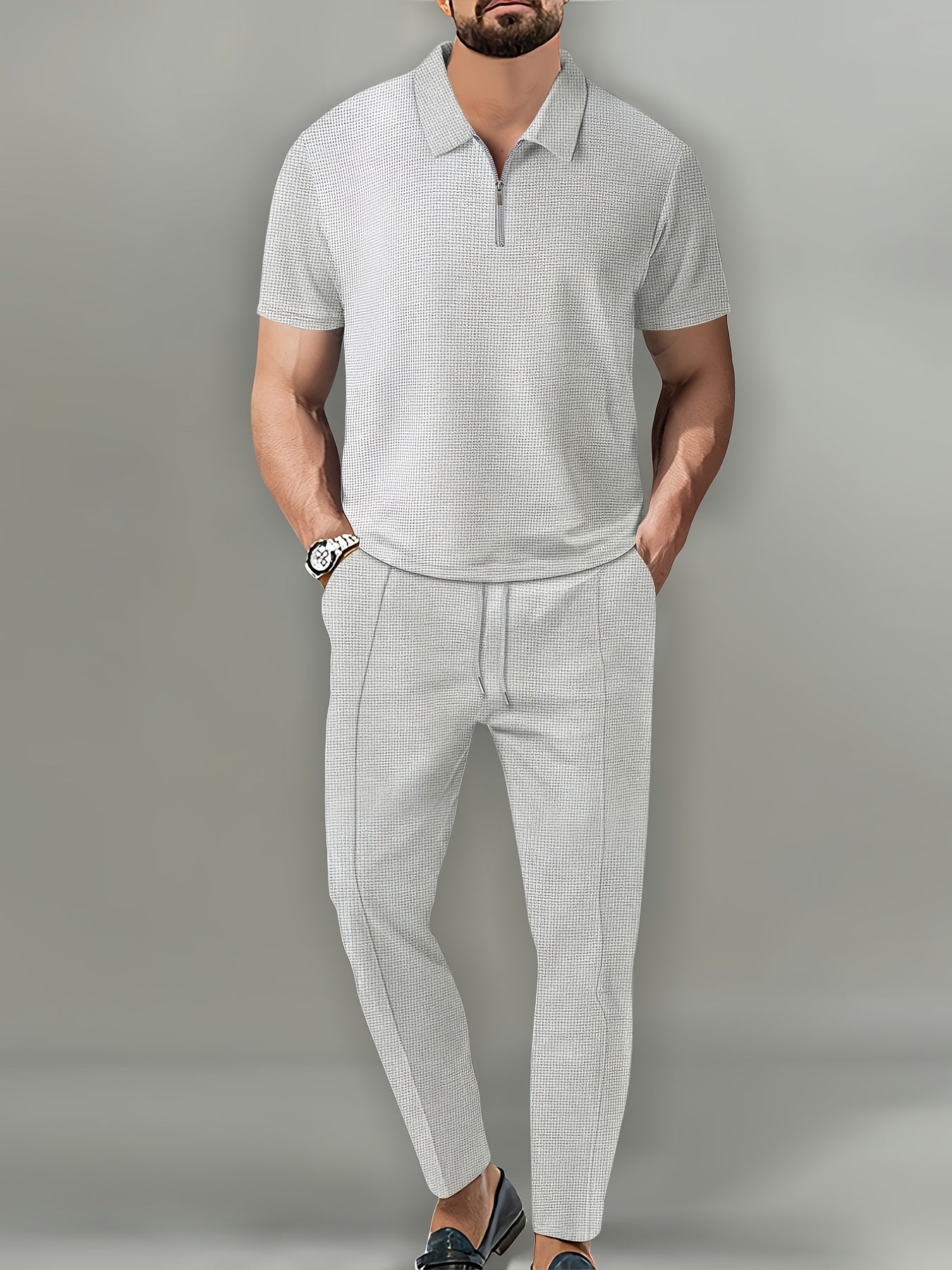 Men's Waffle Knit Quarter-Zip Polo & Drawstring Pants Set