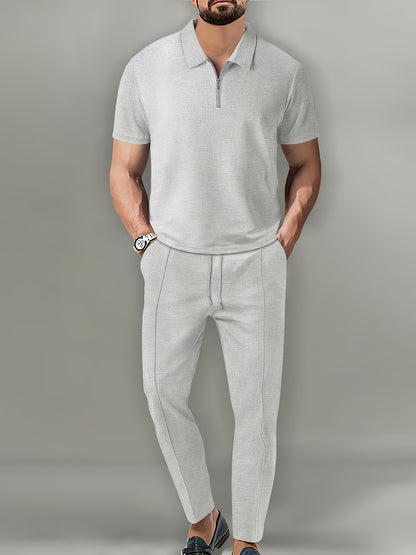 Men's Waffle Knit Quarter-Zip Polo & Drawstring Pants Set