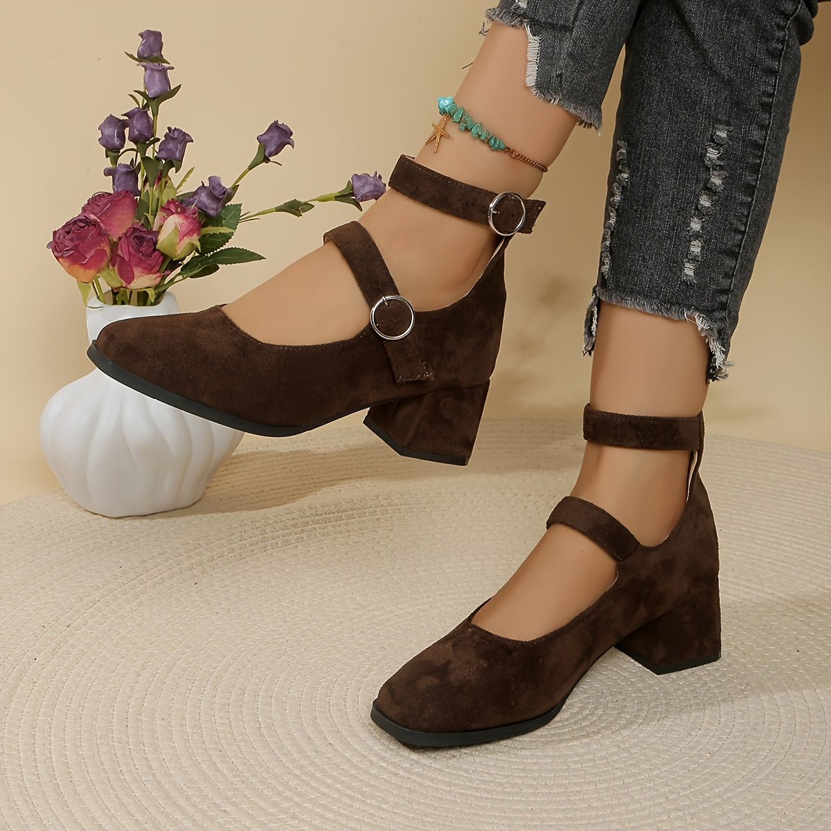 Women’s Casual Mary-Jane Shoes with Double Buckle & Block Heel