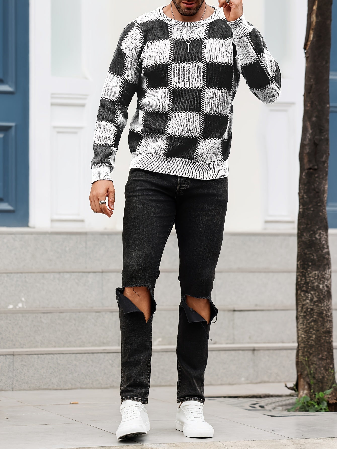 Men's Color Blocking Textured Checked Print Casual Trendy Sweater, Long Sleeve Pullover As Gift For Fall And Winter