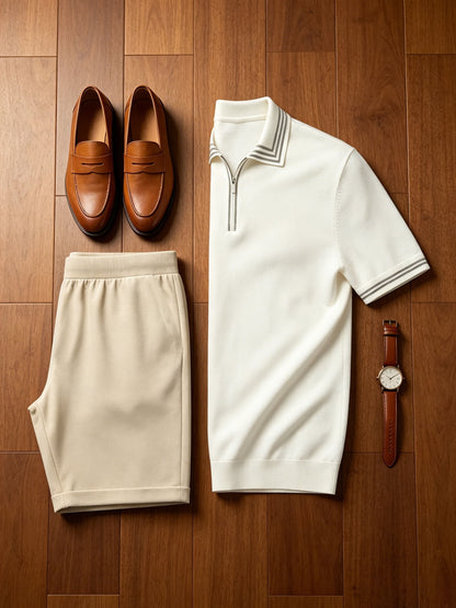 Men's Casual Striped Knit Polo & Lightweight Shorts Set