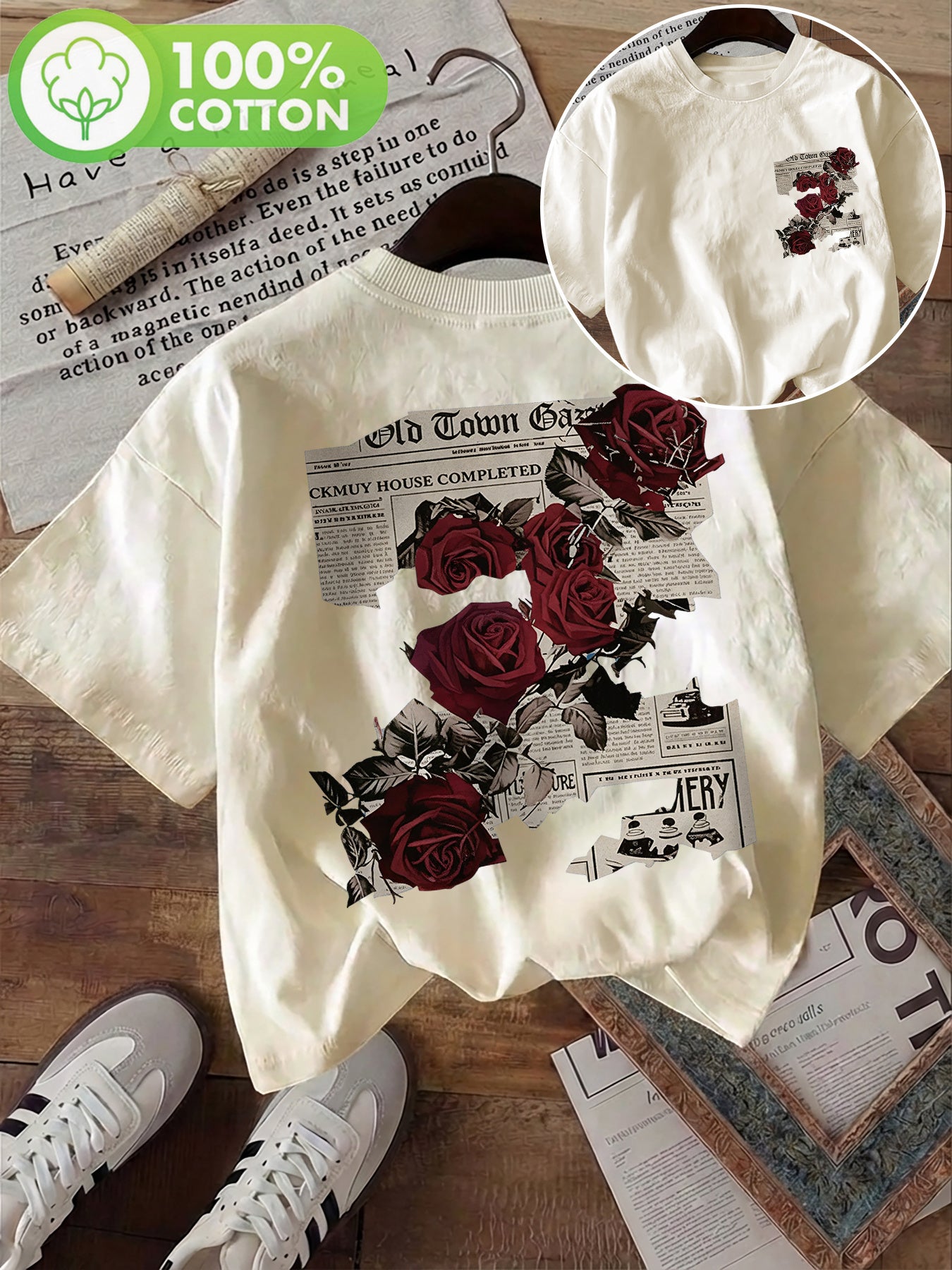 Women's Vintage Double-Sided Print Cotton T-Shirt, Casual Summer Top