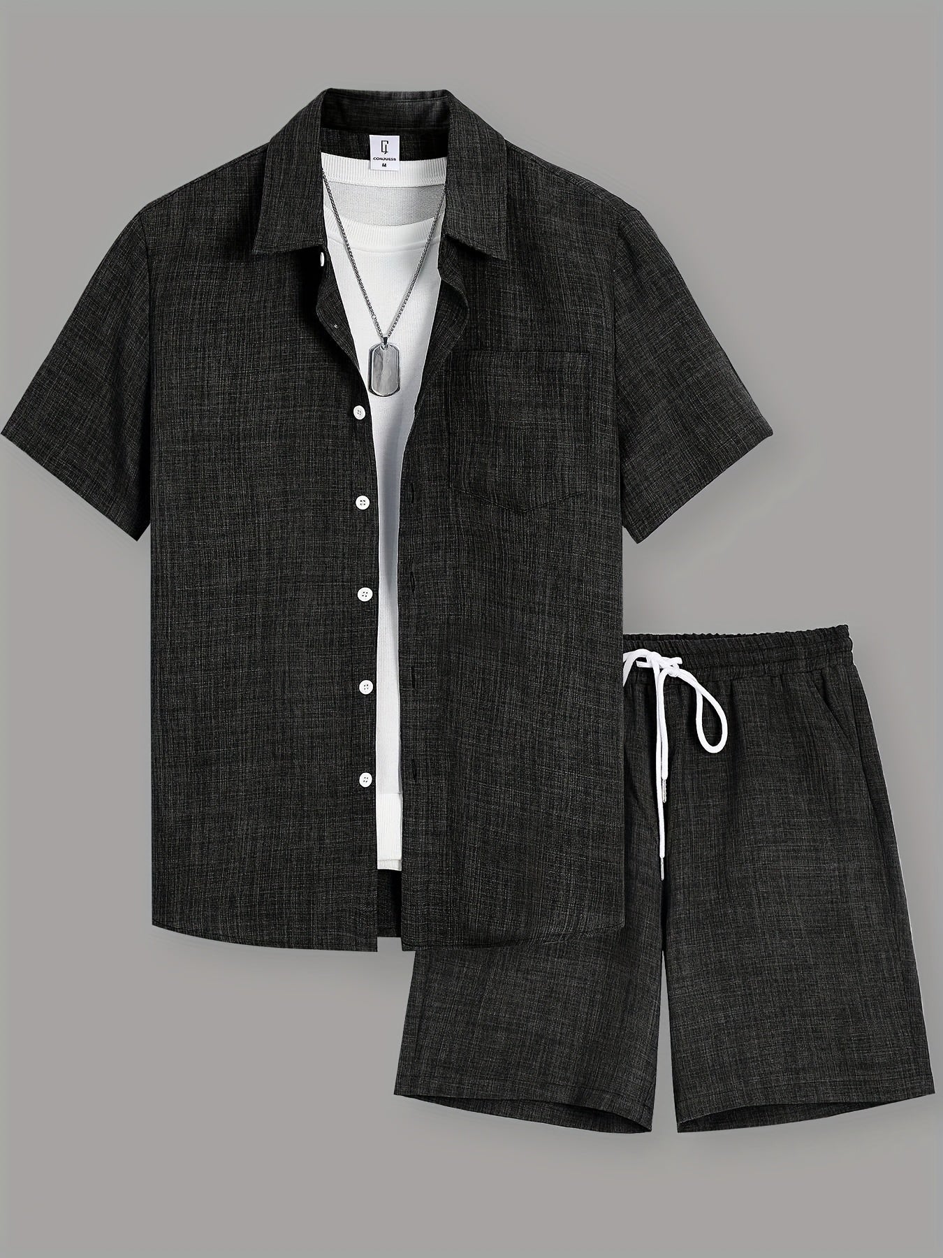 Men's Casual Solid Color Short Sleeve Shirt & Drawstring Shorts Set