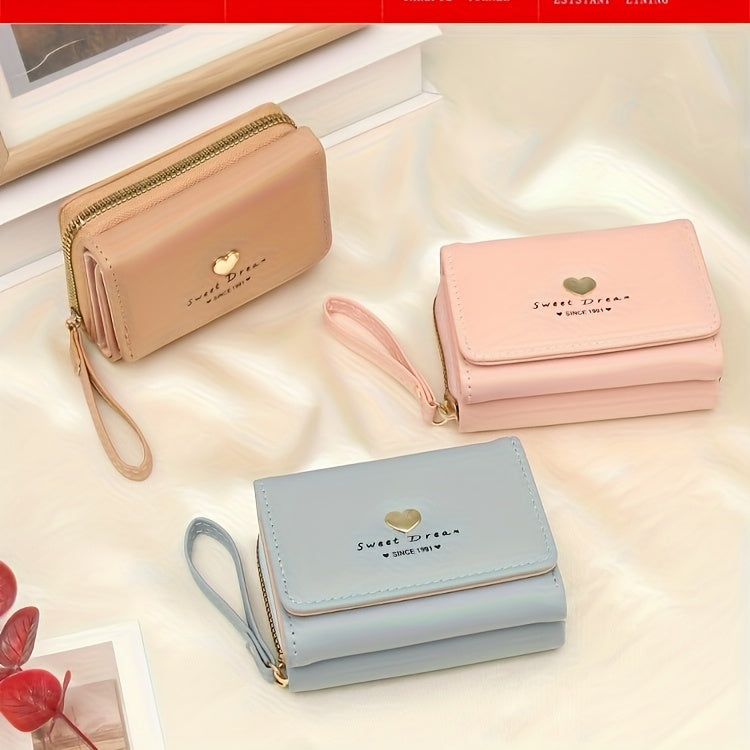 New Women'S Short Wallet, Cute Korean-Style Heart-Shaped, Large Capacity with Multiple Card Slots, Trendy Tri-Fold Design.