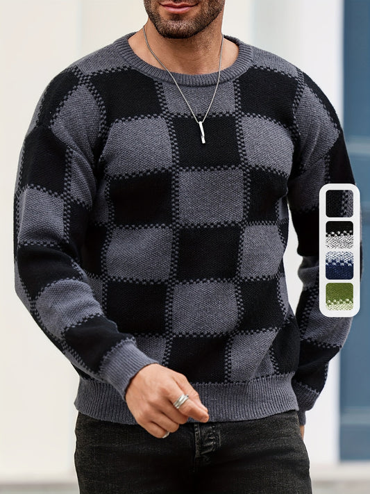 Men's Color Blocking Textured Checked Print Casual Trendy Sweater, Long Sleeve Pullover As Gift For Fall And Winter