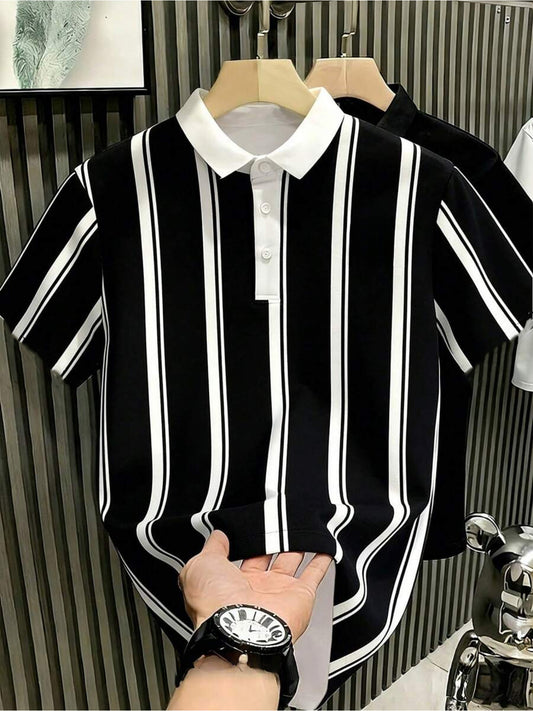Men's Black & White Striped Skinny Polo Shirt Casual Business
