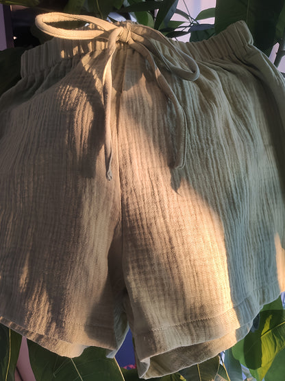 Women's Light Green Double-Layer Crinkle Shorts with Faux Drawstring - Casual, Versatile, and Elegant Design for Spring/Summer/Fall