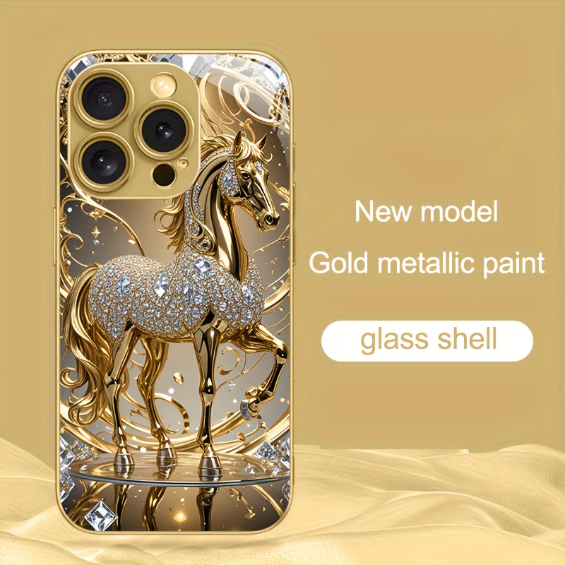 Premium Golden Horse Pattern Gift for 4 Seasons Tempered Glass Phone Case for Iphone 16/16 Pro/16Plus/16Pro Max/15/15 Pro/15 Pro Max/14/14Pro/14 PLUS/14 Pro Max/13/13 Pro/13 Pro Max/13 Mini/12/11 /XR/XS/X/7/8PLUS Mobile Phone