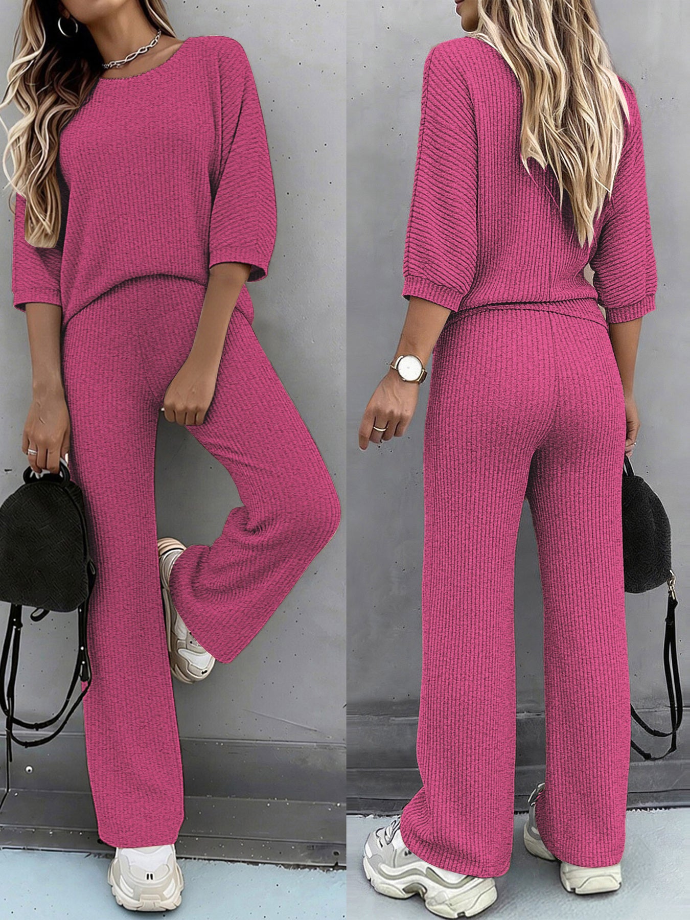 A Two-Piece Set Featuring a Solid Color Batwing Short-Sleeve T-Shirt with a Round Neck And Casual Wide-Leg Stretchy Pants - ayq