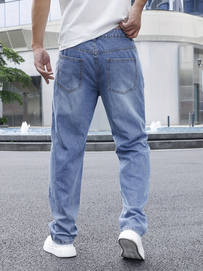 Men's Solid Loose Fit Denim Pants, Spring Fall Casual Trendy Cotton Jeans For Males