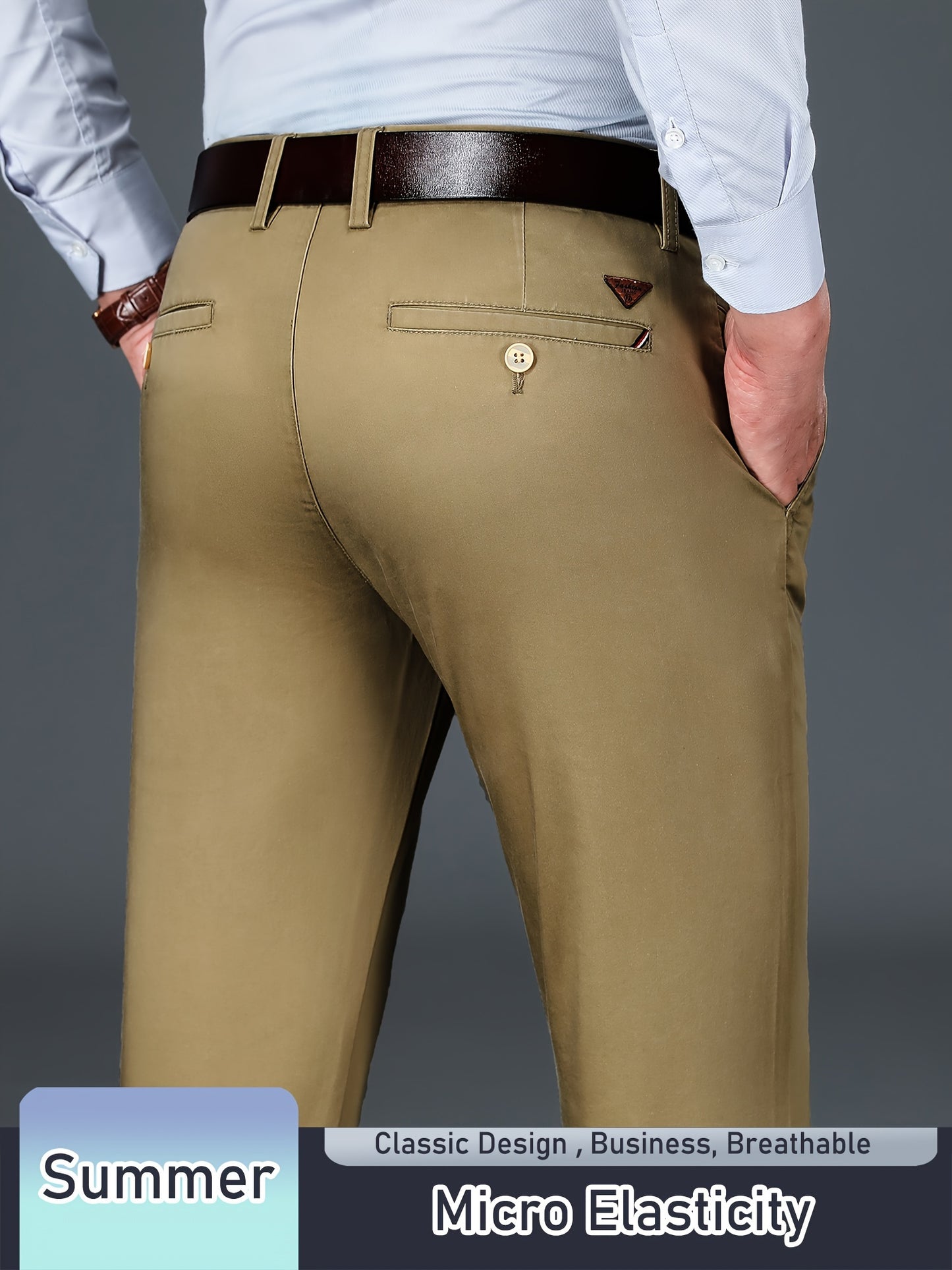 Men's Solid Pants With Pockets, Light Business Style Regular Fit Trousers For Outdoor Activities, Daily Wear For Spring And Autumn