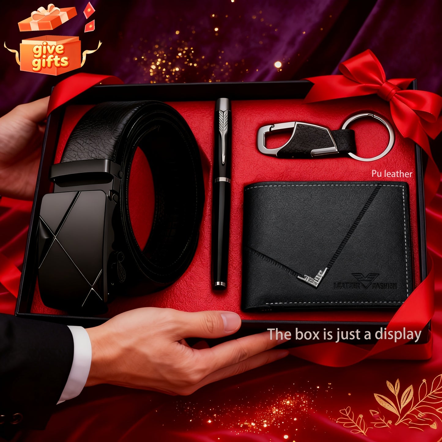 4pcs Belt Gift Set, Fashion Wallet + Belt + Keychain + Portable Pen, Business 4pcs Set for Men - Premium Gift for Boyfriend, Brother or Friend, Christmas Gift for Him, Men's Gift (No Gift Box)