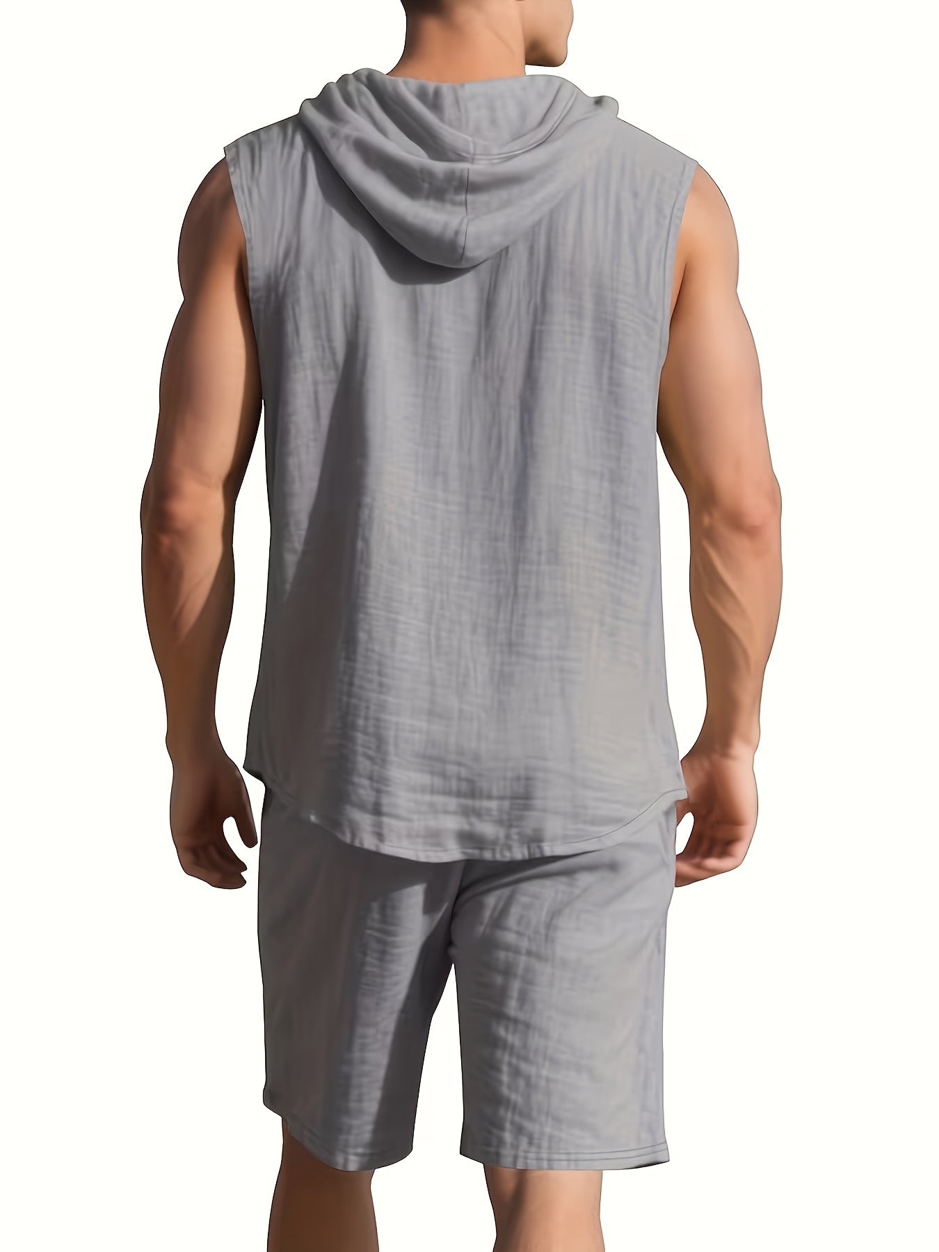 Men's Summer Linen Hooded Sleeveless Shirt & Shorts Set
