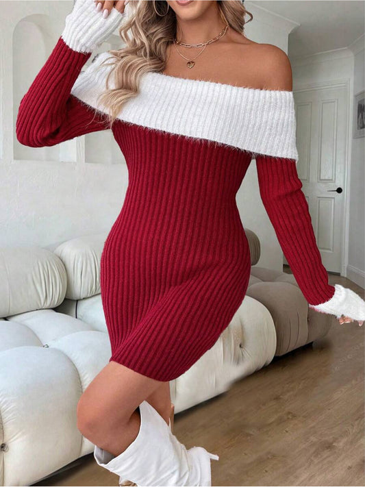 Women's Elegant Off-Shoulder/Boat Neck Dress with Color-Block Bodice & Solid - Winter Wedding Guest Gown, Christmas Party Dress, Hand Washable Fall/Winter Formal Attire (Non-)