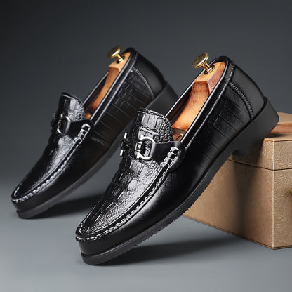 Men's Crocodile Embossed Slip-On Loafers with Metal Buckle