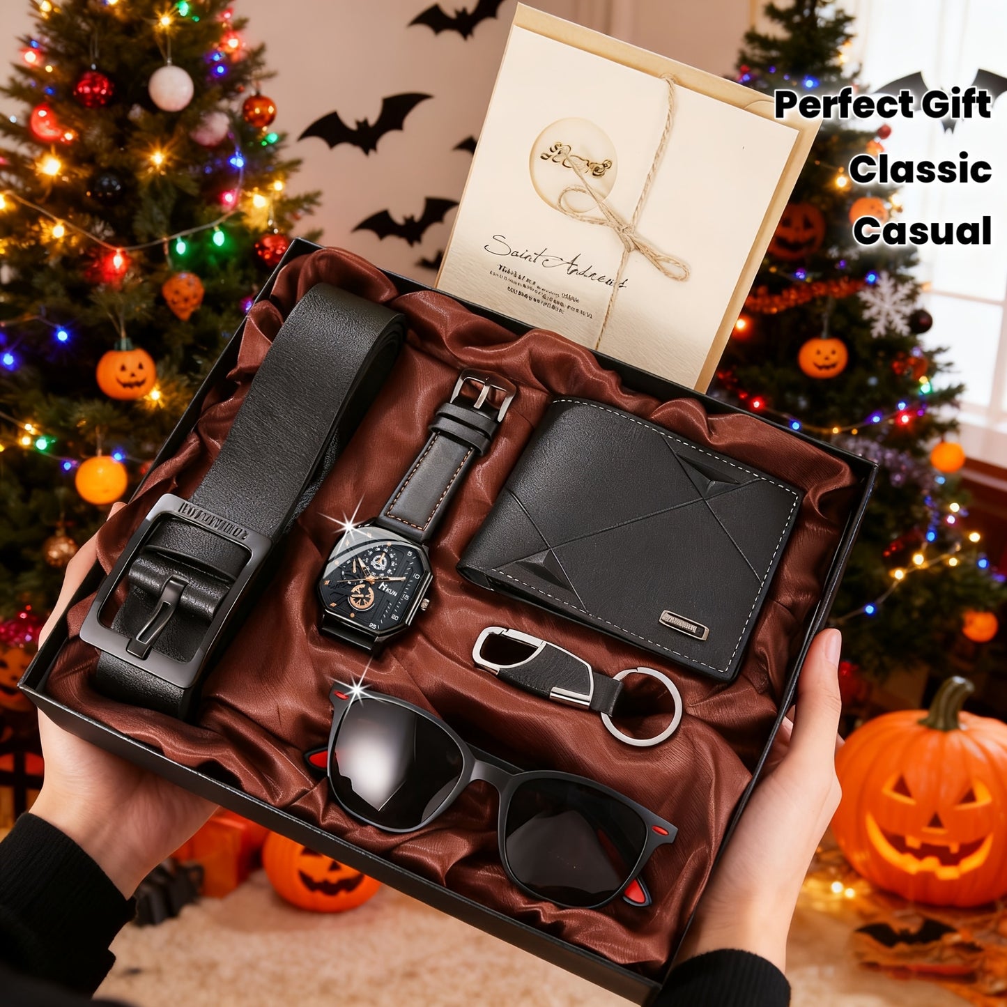 A Set of 6pcs Including a Classic And Simple Casual Men'S Faux Leather Wallet, a Square Dial Watch, Glasses, a Keychain, a Greeting Card, And a Belt, Making It The Perfect Gift for Him for Christmas Or a Birthday.