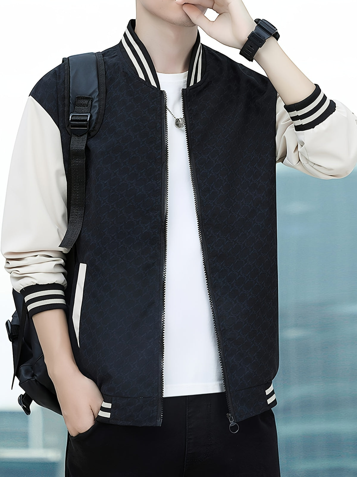 Men's Casual Autumn Jacket with Geometric Pattern, Polyester