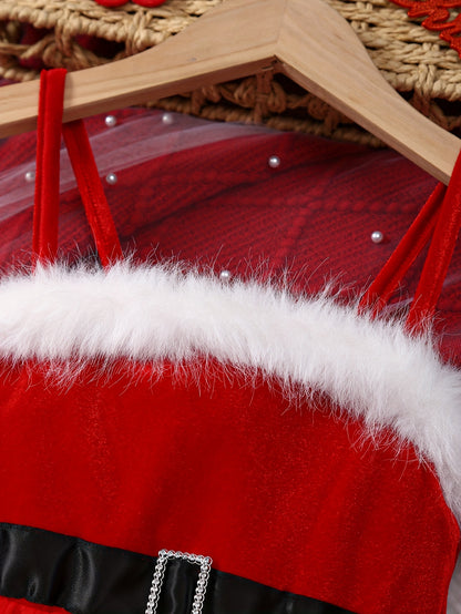 Girls' Christmas Red & White Tulle Dress with Spaghetti Strap Off-Shoulder Neckline, Long Sleeves, Fluffy Trim Hem & Golden Belt - Elegant Party Dress for Holiday Celebrations, Christmas Pageant, New Year's Eve - Machine Wash