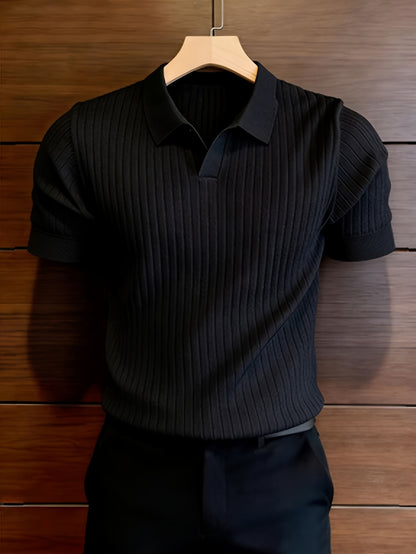 Men's Slim Fit Vertical Rib Knit Polo Shirt for Spring Summer