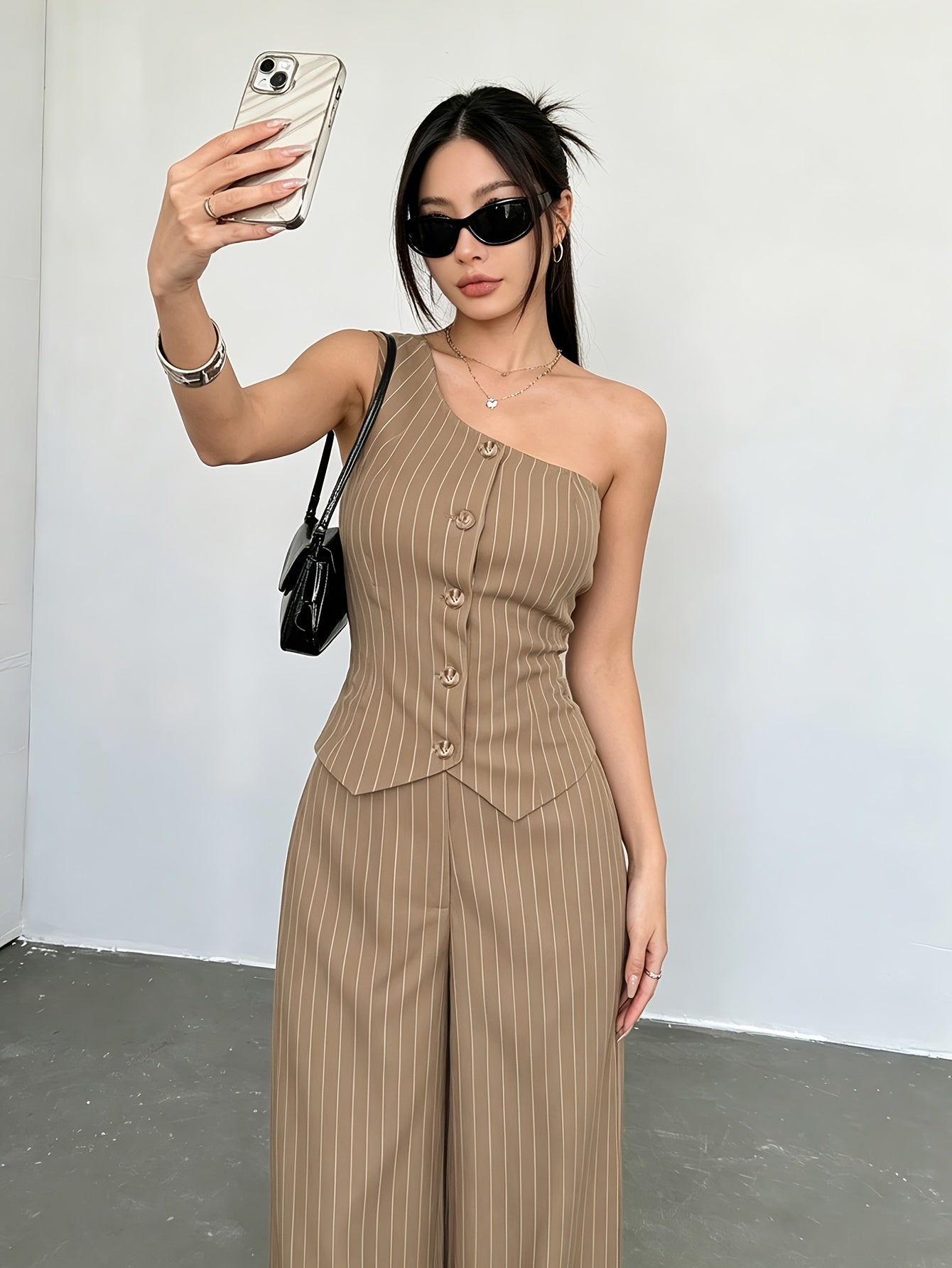 Women's Striped Off-Shoulder Vest & Wide-Leg Pants Set