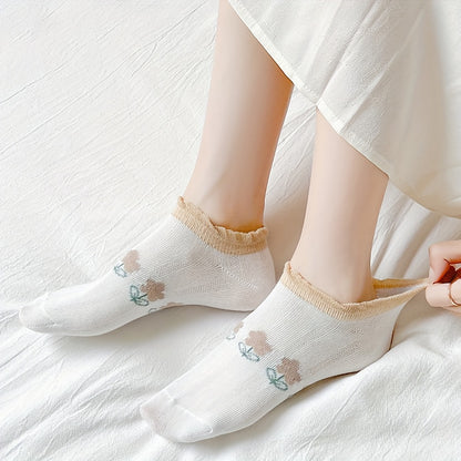 Women's Cute Cartoon Cotton Ankle Socks - 5 Pairs Set, 80% Cotton 20% Elastane, Solid Color & Patterned Designs, Breathable Knit Fabric, Sweat-Absorbent for Spring & Summer
