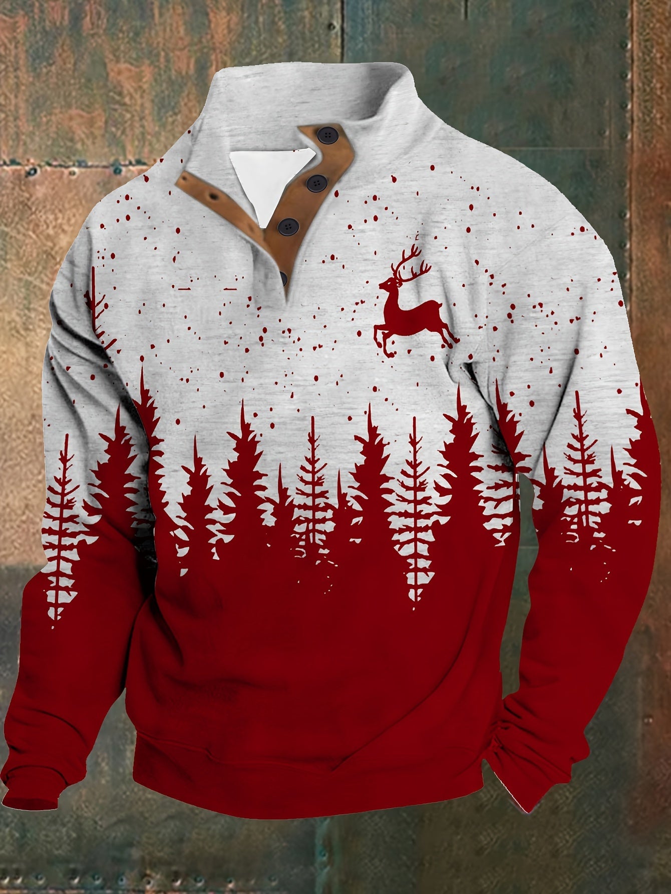 Men'S Plus Size Long Sleeve Henley Shirt with Forest & Deer Application, 100% Polyester Knit Fabric, Regular Fit Sporty & Party Top with Collared Neck and Slight Stretch - Printed Design