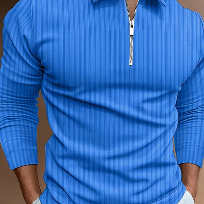 Men's Casual Sports Ribbed Long Sleeve Zipper Lapel Golf Shirt, Spring And Fall