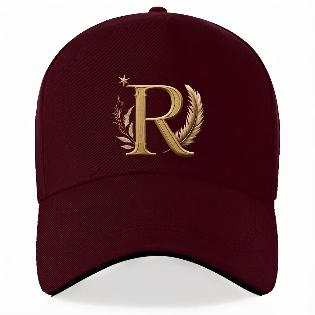 Lightweight Adjustable Baseball Cap with Golden Letter R and Wheat Ear