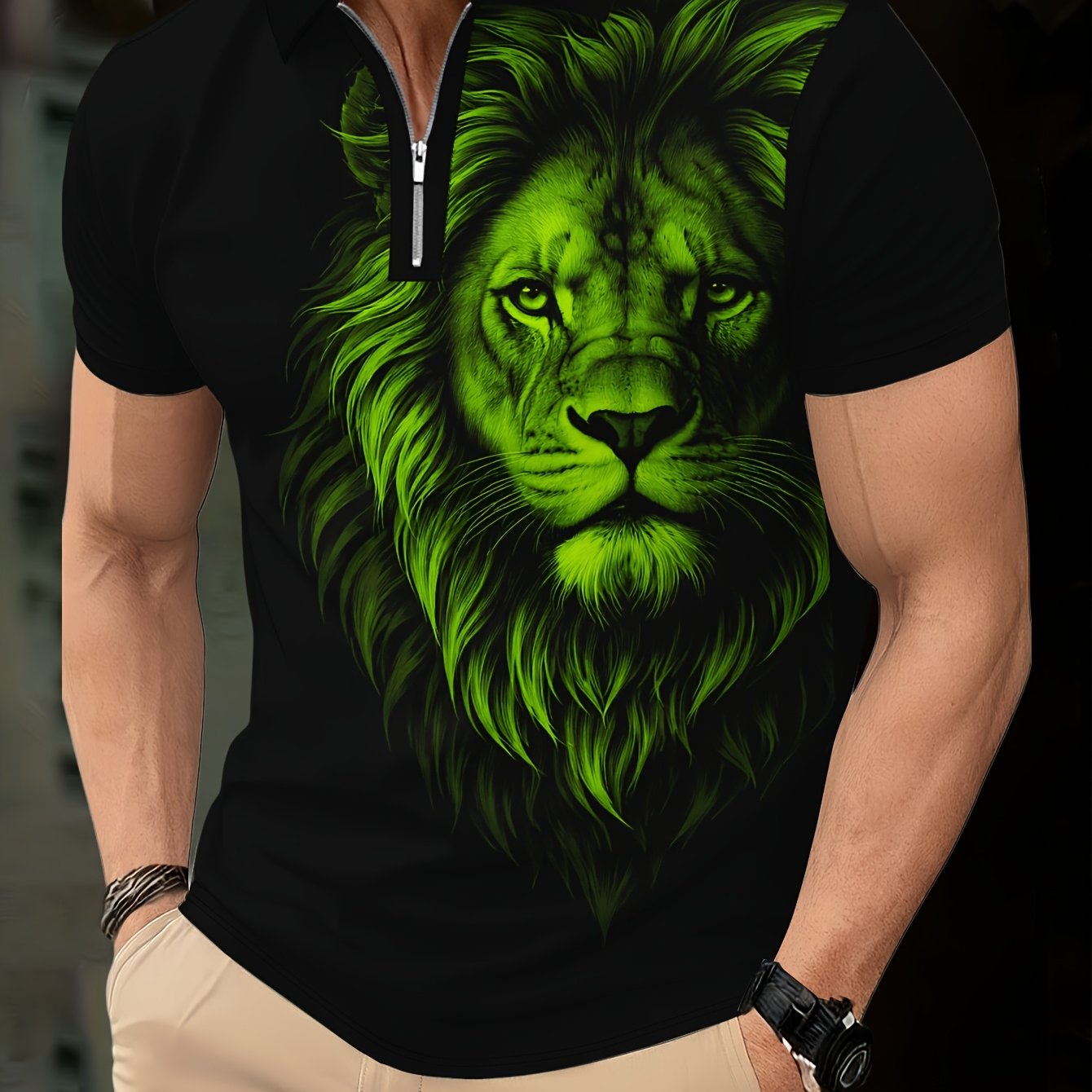 Men's Zip Shirt Short Sleeve Summer Trendy Lion Print Collar T-Shirt Business Casual Slim Fit Men's Top Women's Clothing - ayq