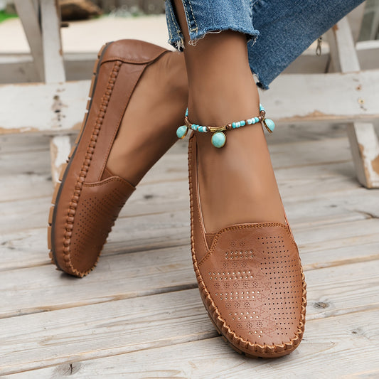 Women's Retro Perforated Flat Shoes, Comfy Breathable Round Toe Slip On Shoes, Casual Outdoor Loafers