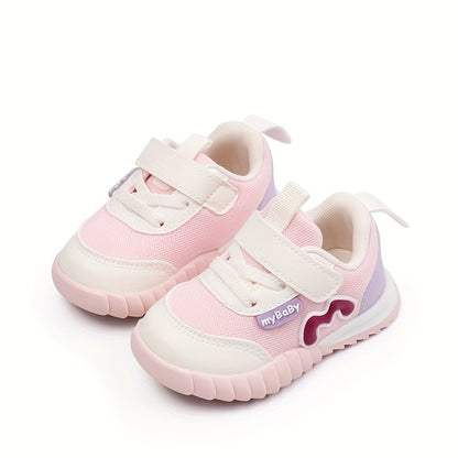 Trendy Design | Breathable Mesh & Non-Slip Sole Sneakers for Youngsters - Stylish Pink & Blue Low-Top Walking Shoes with "Mama Needs Coffee" Patch, Perfect for Spring & Summer Outings
