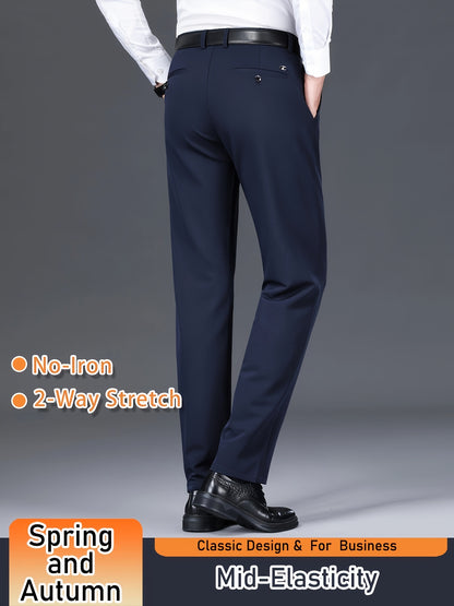Men's Solid Color Dress Pants, Classic Design Slightly Stretch Formal Dress Pants For Business Occasions, Spring And Fall
