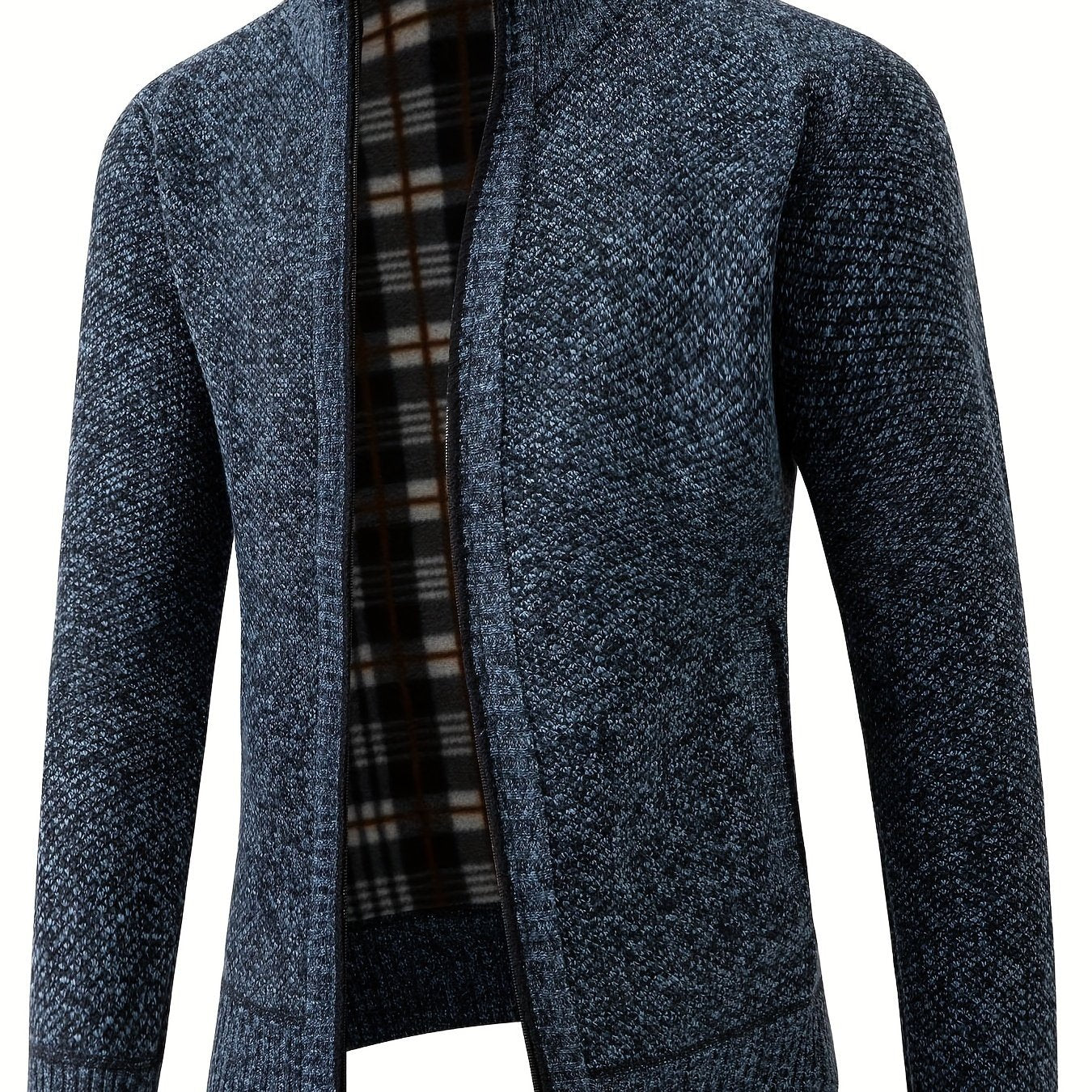 Men's Solid Fleece Knitted Cardigan With Pockets, Casual Long Sleeve Turtle Neck Zip Up Warm Sweater For Winter Fall Outdoor Activities
