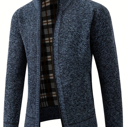 Men's Solid Fleece Knitted Cardigan With Pockets, Casual Long Sleeve Turtle Neck Zip Up Warm Sweater For Winter Fall Outdoor Activities