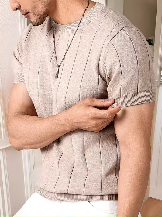 Men's Beige Ribbed Knit T-Shirt Premium Short Sleeve Textured Summer Sweater - ayq
